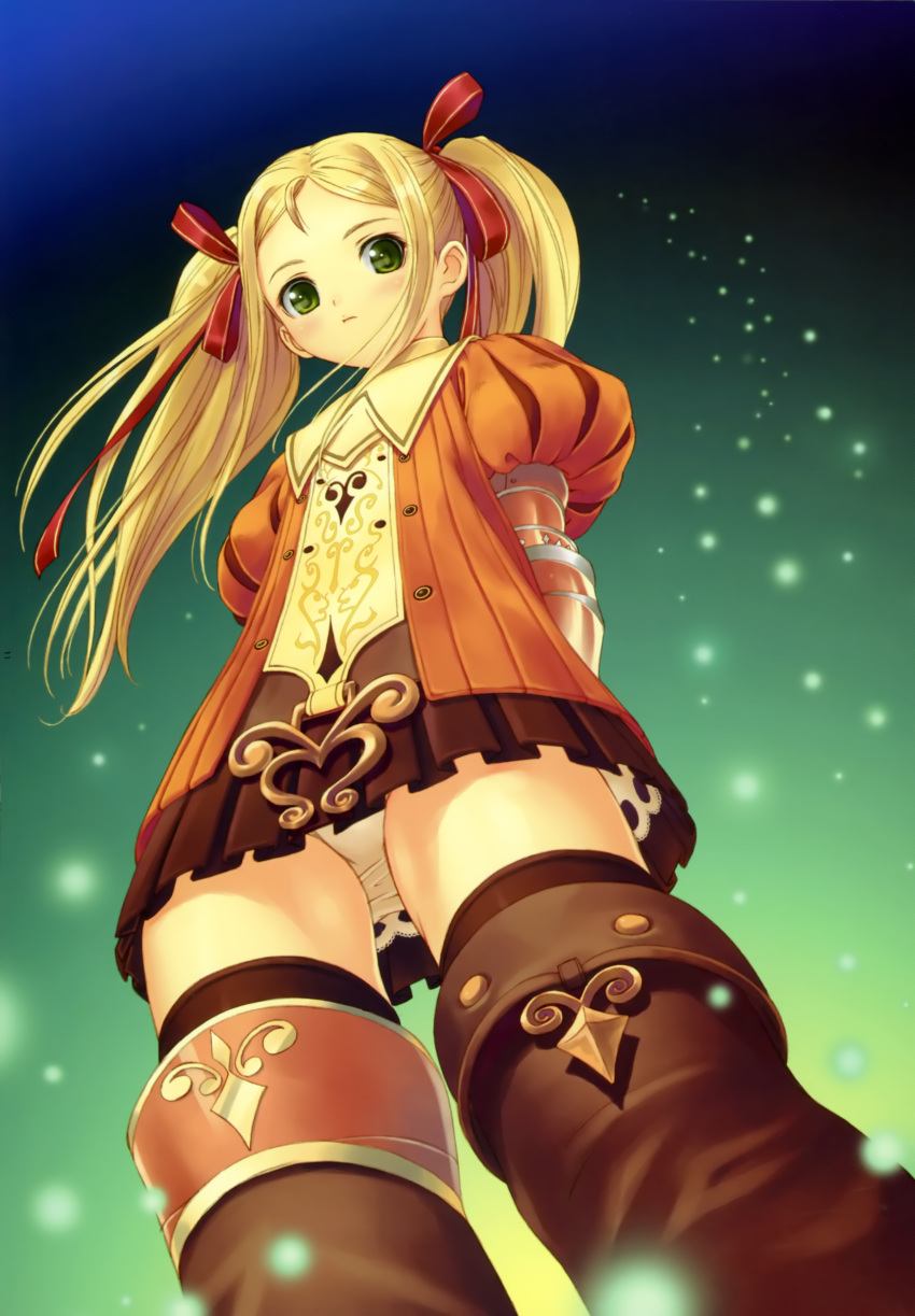 armor, armored_dress, blonde_hair, blouse, boots, from_below, gauntlets, green_eyes