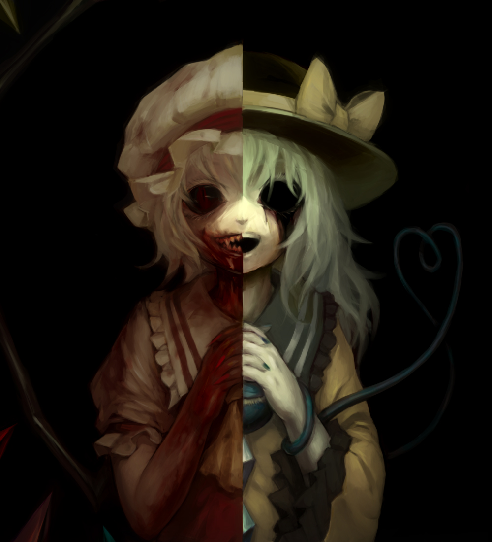 2girls, ascot, blonde_hair, blood, blood_on_face, bloody_hands, bloody_tears, bow, bust, darkness, fangs, flandre_scarlet, hands_clasped, hat, hat_bow, heart, heart_of_string, interlocked_fingers, komeiji_koishi, long_sleeves, multiple_girls, open_mouth, puffy_sleeves, red_eyes, shirt, short_sleeves, silver_hair, smile, spark621, third_eye, touhou, wide_sleeves, wings