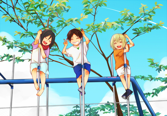 1girl, 2boys, armin_arlert, black_hair, blonde_hair, brown_hair, child, clouds