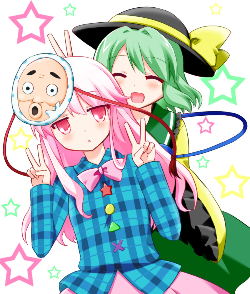 2girls, adaajt, bow, green_hair, hat, hat_ribbon, hata_no_kokoro, heart, heart_of_string, highres, hopeless_masquerade, komeiji_koishi, long_hair, long_sleeves, looking_at_viewer, mask, multiple_girls, open_mouth, pink_eyes, pink_hair, ribbon, shirt, short_hair, skirt, smile, star, tagme, third_eye, touhou, triangle