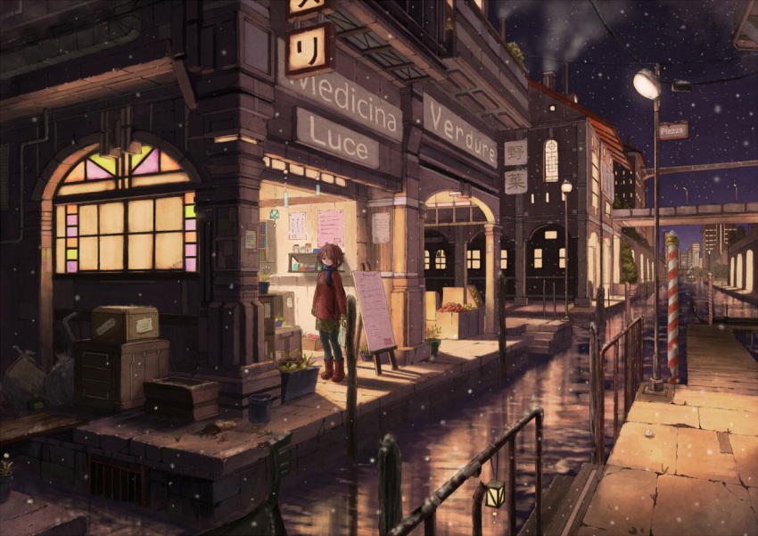1girl, bag, boat, brown_hair, canal, gloves, lamppost, lantern