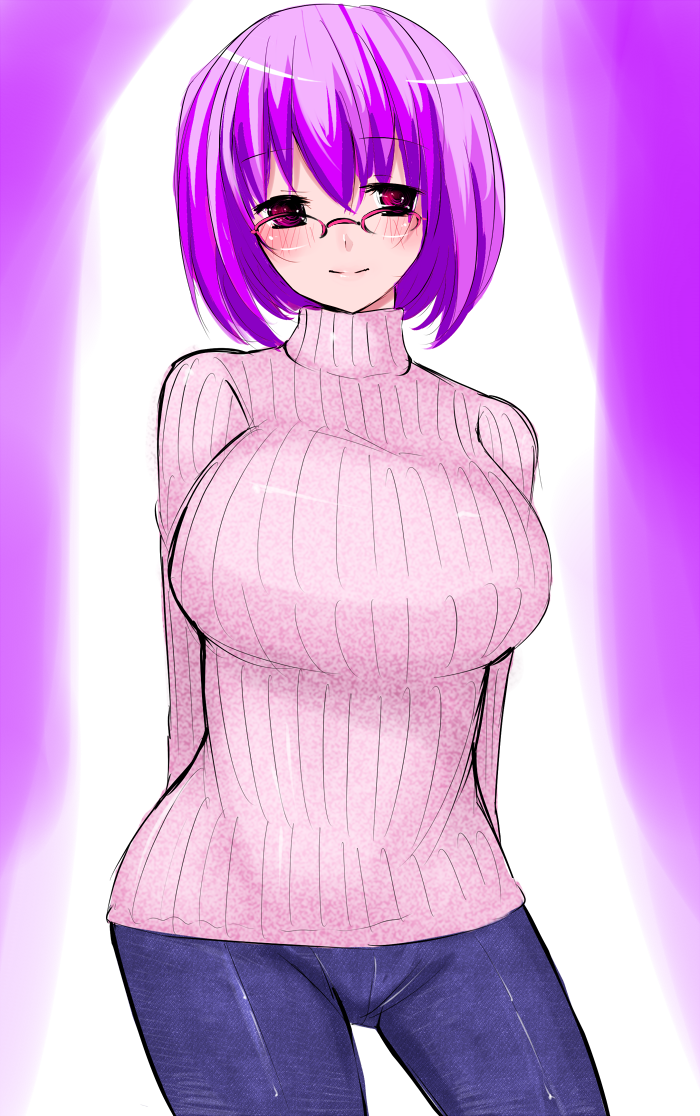 1girl, arms_behind_back, breasts, character_request, glasses, han_(jackpot), huge_breasts, jeans