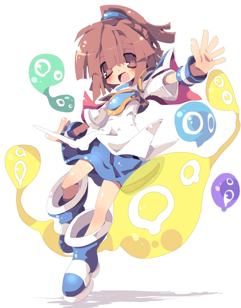 1girl, :d, arle_nadja, armor, armored_dress, blob, boots, brown_eyes, brown_hair, capelet, dango_mushi, half_updo, open_mouth, outstretched_arms, puyo_(puyopuyo), puyopuyo, short_hair, skirt, smile, spread_arms, white_background