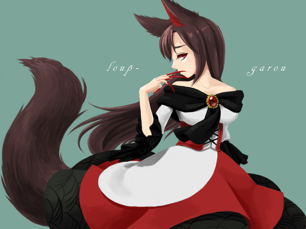 1girl, animal_ears, bare_shoulders, brooch, brown_hair, dress, fingernails, imaizumi_kagerou
