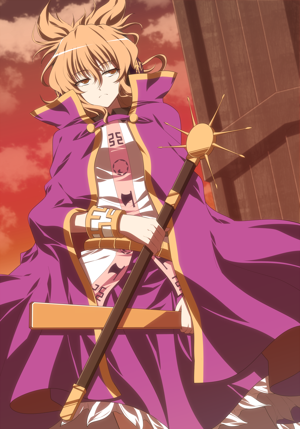 1girl, brown_eyes, brown_hair, cape, headphones, highres, isa, rod_of_remorse