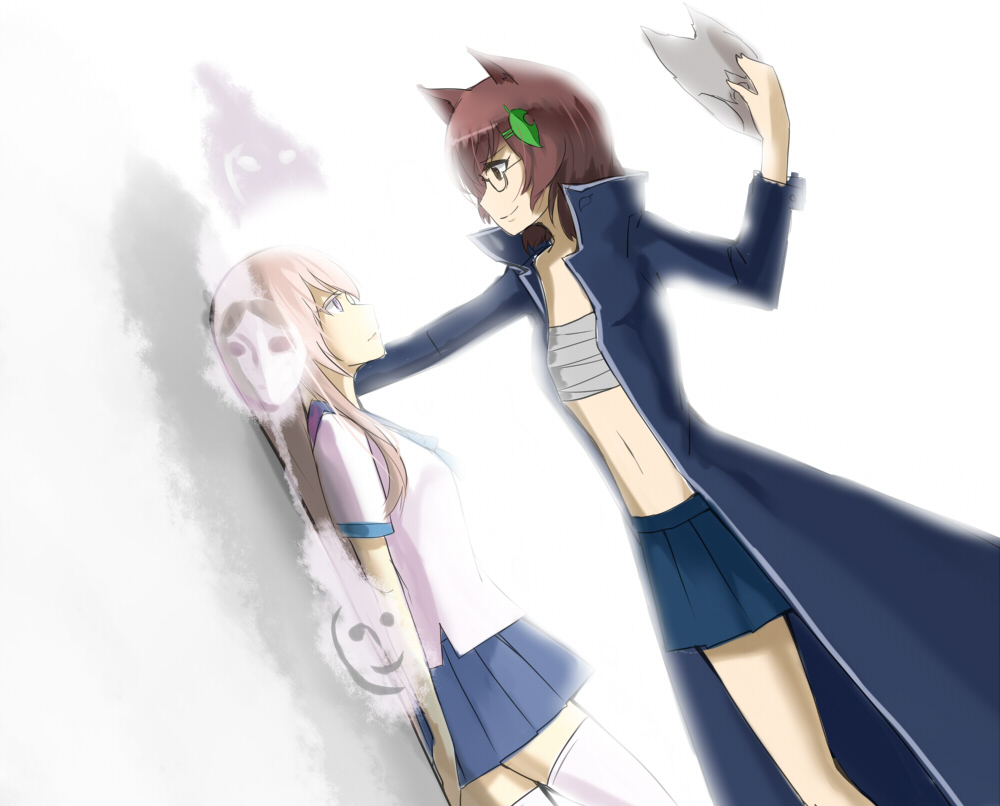 2girls, alternate_costume, animal_ears, ariadoszz, brown_eyes, brown_hair, futatsuiwa_mamizou, hata_no_kokoro, long_hair, mask, multiple_girls, navel, pink_eyes, pink_hair, raccoon_ears, sarashi, school_uniform, touhou