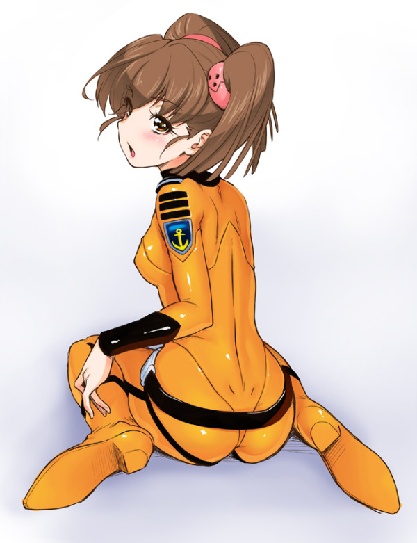 1girl, blush, bodysuit, brown_hair, chestnut_mouth, hair_ornament, kazuma_muramasa, looking_back