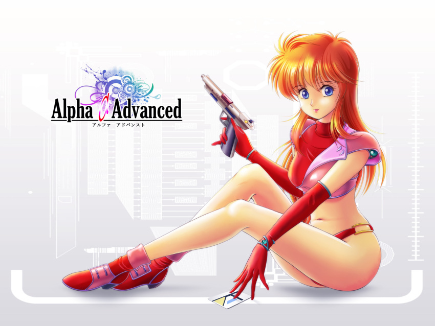 1girl, alpha_(game), armor, bikini_armor, blue_eyes, card, chris_(alpha), copyright_name
