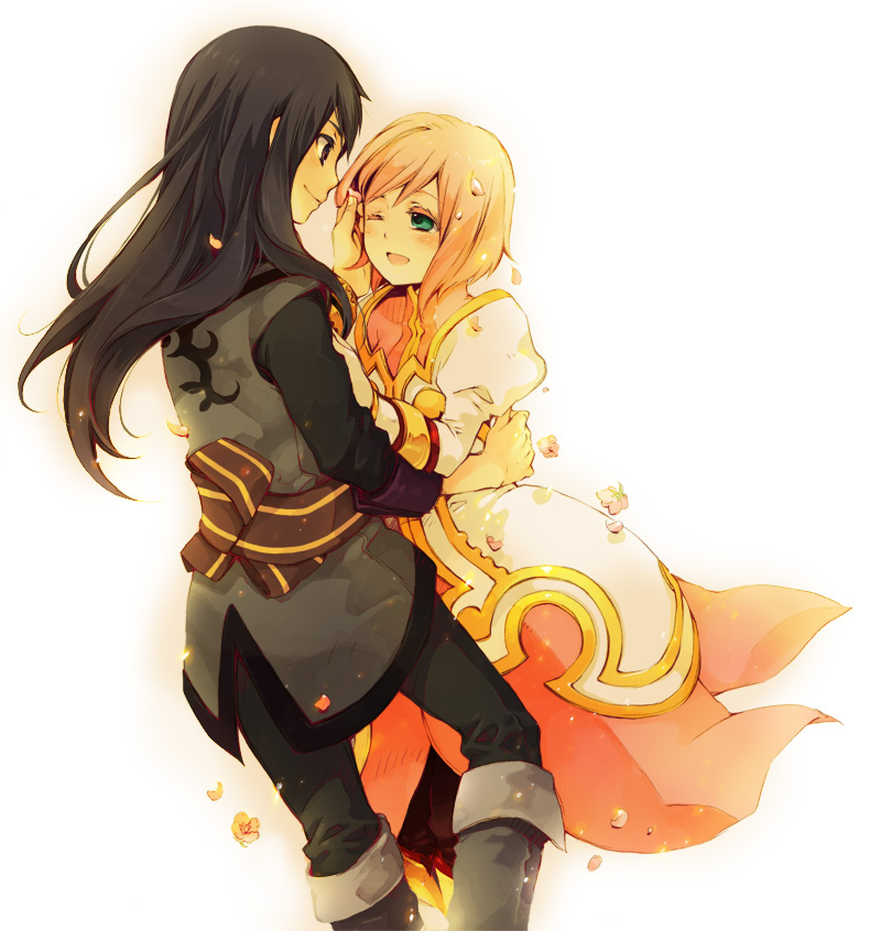 1girl, black_eyes, black_hair, couple, estellise_sidos_heurassein, green_eyes, long_hair, pink_hair