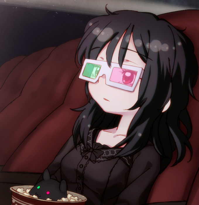 1w2k, 3d_glasses, black_hair, kirishima_sagiri, long_hair, movie_theater, popcorn, sitting, tama_(ukagaka), ukagaka