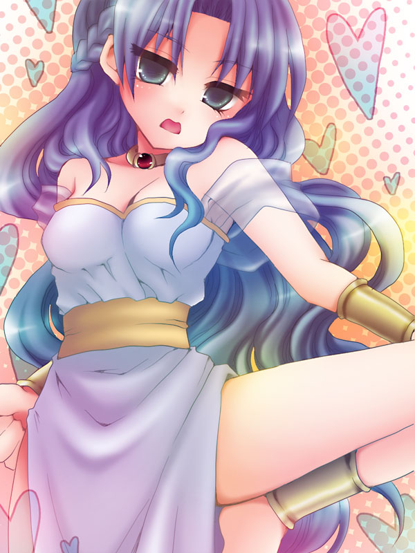 1girl, armband, bare_shoulders, blue_hair, choker, dress, green_eyes, half_updo