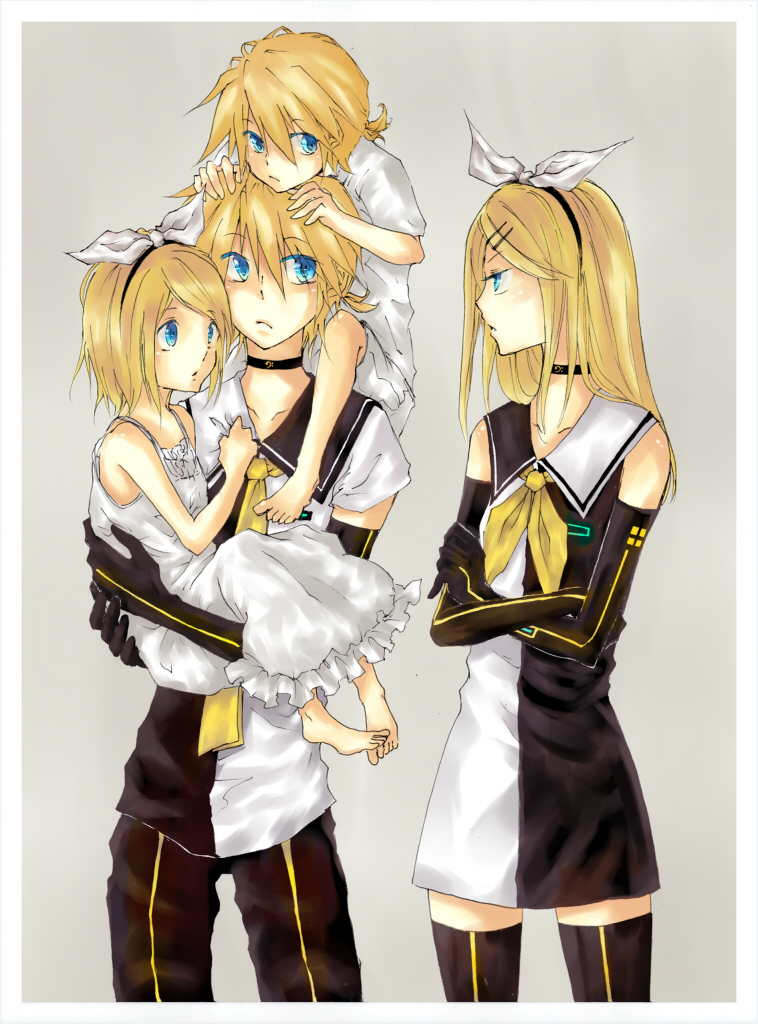 bad_id, blonde_hair, brother_and_sister, dual_persona, elbow_gloves, gloves, hair_ornament, hair_ribbon, hairclip, kagamine_len, kagamine_rin, kagamine_rin_(roshin_yuukai), long_hair, meltdown_(vocaloid), nekonomimiko, ribbon, roshin_yuukai_(vocaloid), sailor_dress, siblings, simple_background, thigh-highs, thighhighs, time_paradox, twins, vocaloid, zettai_ryouiki