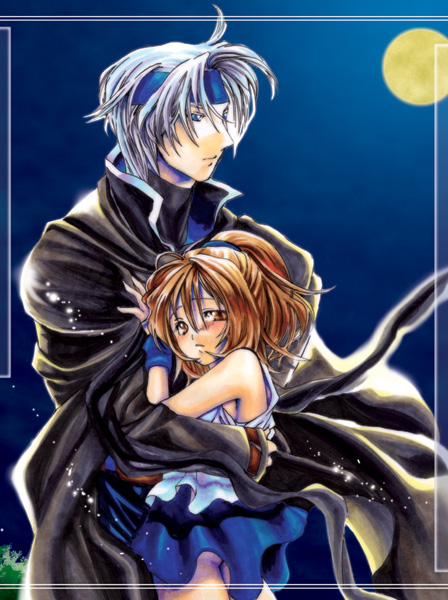 1boy, 1girl, aldiana, arle_nadja, ass, brown_eyes, brown_hair, cape