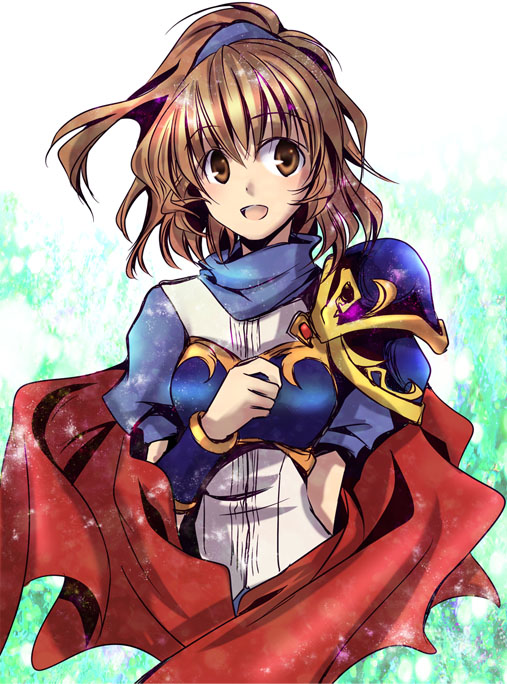 1girl, akasaka_sakasu, arle_nadja, armor, brown_eyes, brown_hair, cape, half_updo