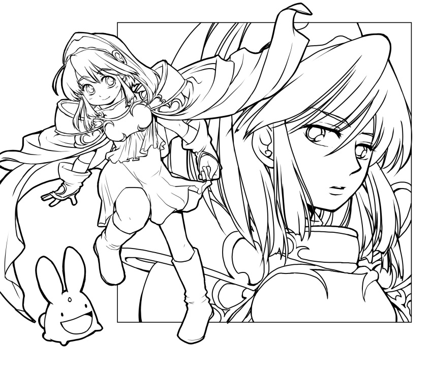 2girls, arle_nadja, armor, armored_dress, boots, cape, carbuncle_(puyopuyo), creature, doppelganger_arle, dual_persona, hairband, highres, lineart, multiple_girls, okui_(091621), puyopuyo, short_hair, skirt, smile