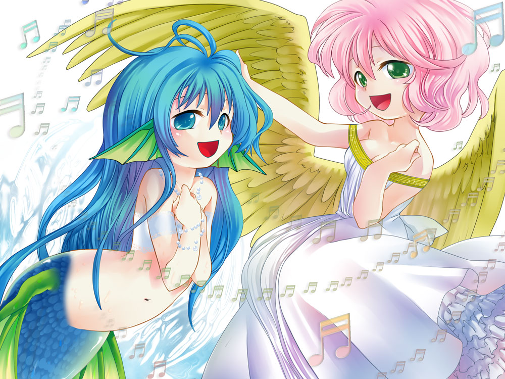 2girls, :d, aldiana, blue_eyes, blue_hair, dress, frills, green_eyes, harpy_(puyopuyo), jewelry, long_hair, mermaid, monster_girl, multiple_girls, musical_note, necklace, open_mouth, pearl_necklace, pink_hair, puyopuyo, seriri, short_hair, smile, white_background, white_dress, wings