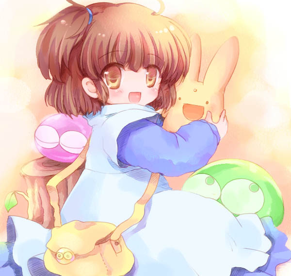 1girl, arle_nadja, bag, blob, brown_eyes, brown_hair, carbuncle_(puyopuyo), child, creature, dress, hizukiryou, puyo_(puyopuyo), puyopuyo, short_hair, side_ponytail, smile, young