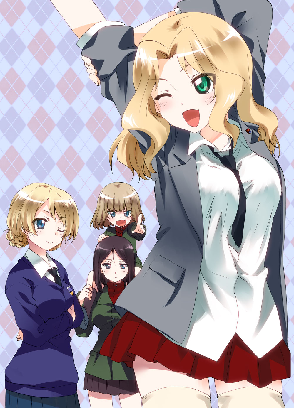 4girls, blazer, blonde_hair, blue_eyes, blush, braid, brown_hair, crossed_arms, darjeeling, dress_shirt, emblem, girls_und_panzer, highres, jacket, katyusha, kay_(girls_und_panzer), kishi_yuutokuroi, long_hair, long_sleeves, looking_at_viewer, looking_back, miniskirt, multiple_girls, necktie, nonna, open_mouth, piggyback, pleated_skirt, pointing, school_uniform, shirt, short_hair, skirt, sleeves_rolled_up, smile, standing, stretch, sweater_vest, thigh-highs, white_legwear, white_shirt, wink, zettai_ryouiki