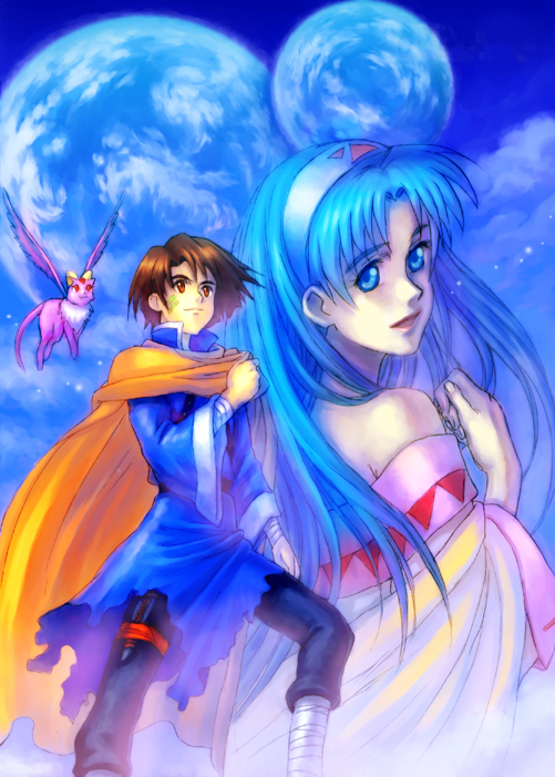 1boy, 1girl, bare_shoulders, blue_eyes, blue_hair, brown_eyes, brown_hair, cape
