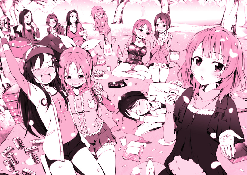 6+girls, :d, ^_^, abe_nana, araki_hina, bag, barefoot, baseball_cap