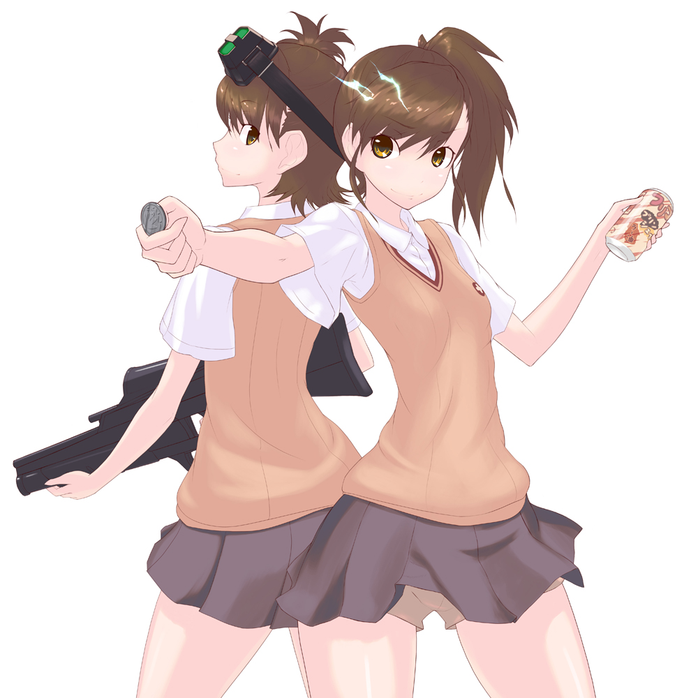 back-to-back, brown_eyes, brown_hair, can, coin, cosplay, electricity, futami_ami, futami_mami, gun, head_mounted_display, hinotori, idolmaster, lightning, misaka_imouto, misaka_imouto_(cosplay), misaka_mikoto, misaka_mikoto_(cosplay), school_uniform, short_hair, shorts, siblings, side_ponytail, skirt, standing, sweater_vest, to_aru_kagaku_no_railgun, to_aru_majutsu_no_index, twins, weapon, yellow_eyes