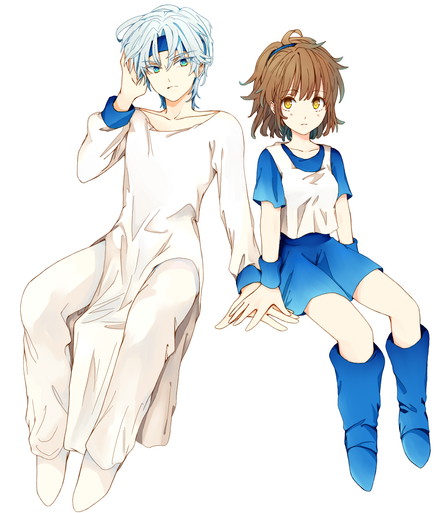 1boy, 1girl, arle_nadja, blue_eyes, boots, brown_hair, couple, expressionless