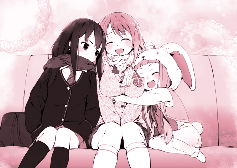 3girls, :d, ^_^, animal_costume, bag, blush, breast_pillow, breast_press