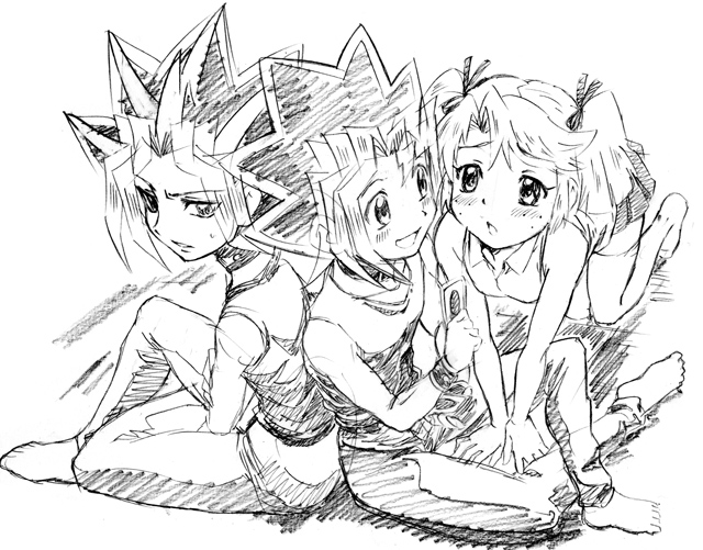 1girl, 2boys, all_fours, bare_shoulders, barefoot, blush, collar, dual_persona
