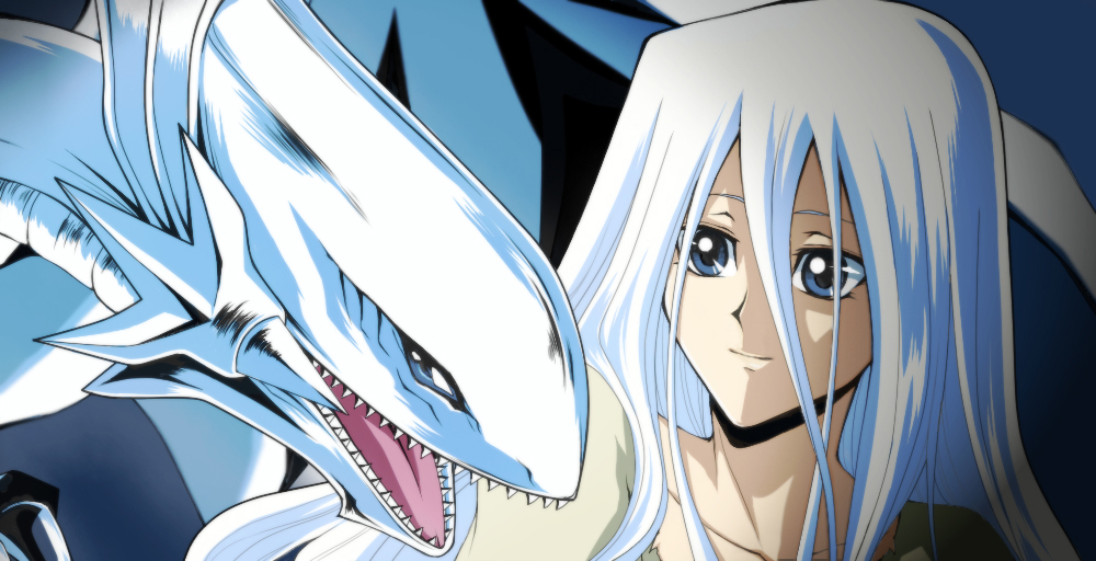 1girl, blue_eyes, blue_eyes_white_dragon, blue_hair, dragon, duel_monster, kisara, long_hair