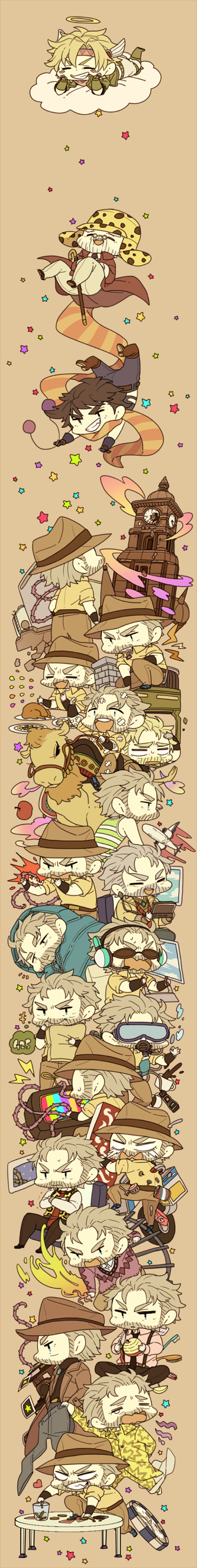6+boys, absurdres, angel, bandages, beard, blonde_hair, bola_(weapon), brown_hair, camel, camera, clouds, coin, facial_hair, fedora, glasses, grey_hair, halo, hat, headphones, hermit_purple, highres, jojo_no_kimyou_na_bouken, joseph_joestar, joseph_joestar_(young), long_coat, long_image, multiple_boys, multiple_persona, poker_chip, scarf, scuba, scuba_gear, sleeping_bag, stand_(jojo), suzuki_(gmbk), sweater, tall_image, tears, television, tower, turkey