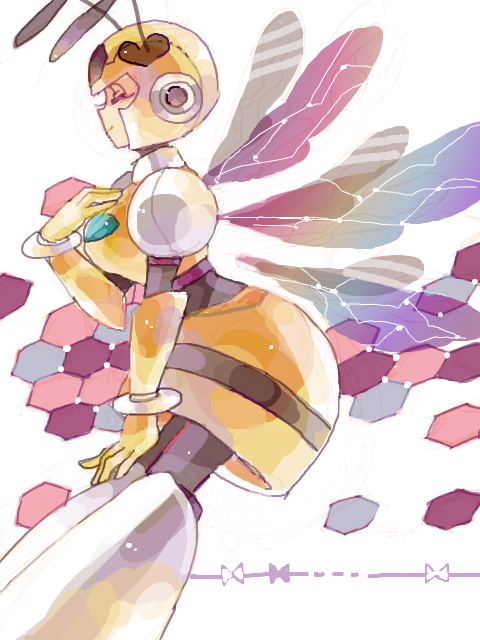android, armor, breasts, closed_eyes, helmet, honey_woman, insect_wings, rockman, rockman_(classic), skirt, smile, wings