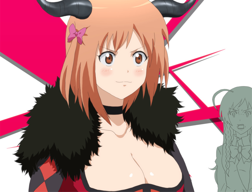 2girls, ahoge, breasts, choker, cleavage, cosplay, fur_trim, hataraku_maou-sama!