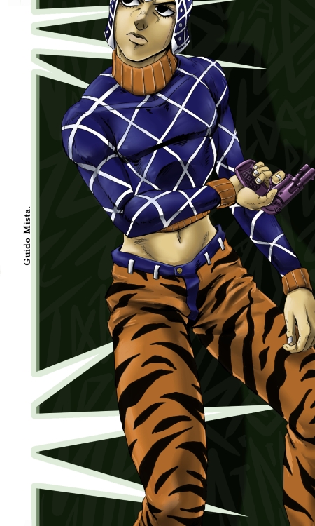 guido_mista, gun, hat, jojo_no_kimyou_na_bouken, metamin_(memethah), midriff, tiger_print, weapon