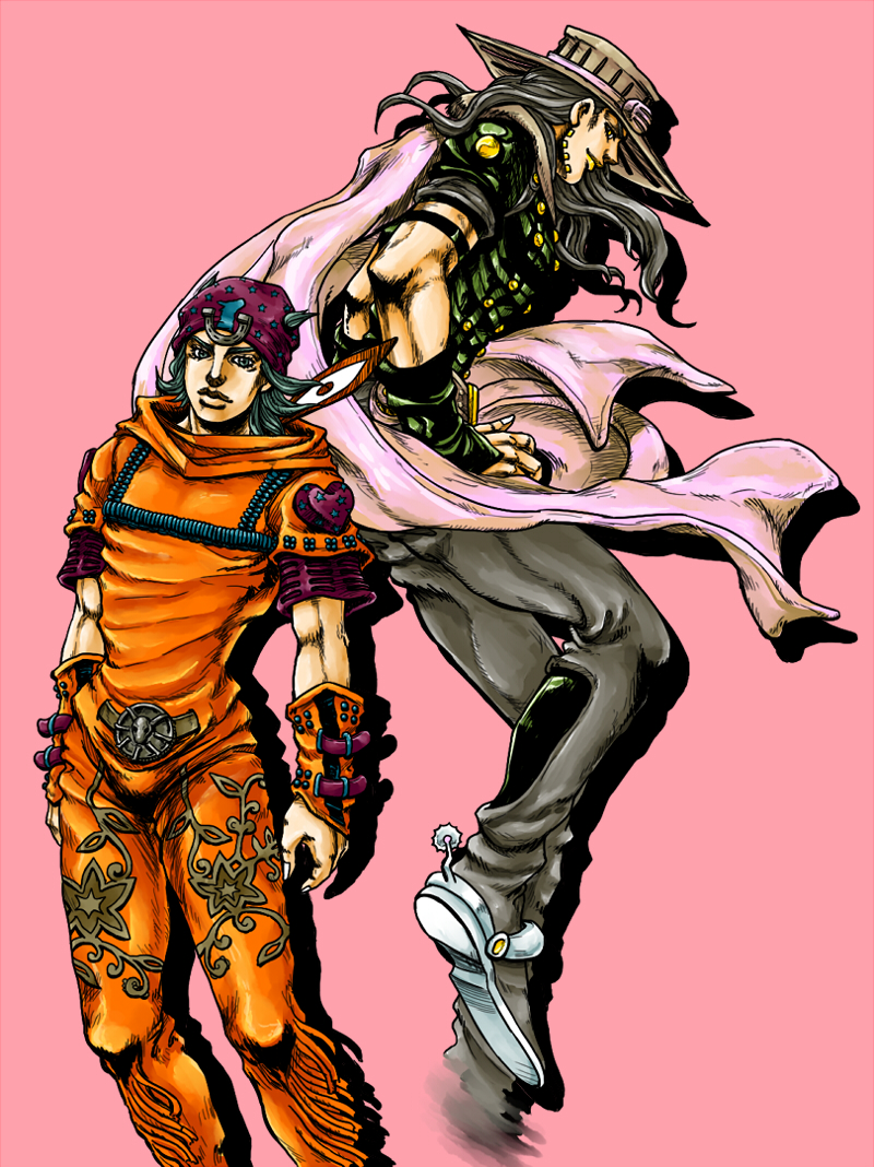 2boys, blue_hair, cape, feathers, grey_hair, gyro_zeppeli, hat, hoodie