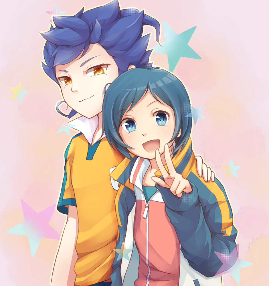 1boy, 1girl, blue_eyes, blue_hair, inazuma_eleven_(series), inazuma_eleven_go, jacket, looking_at_viewer, raimon, short_hair, smile, soccer_uniform, sorano_aoi, star, tomm0515, tsurugi_kyousuke, yellow_eyes