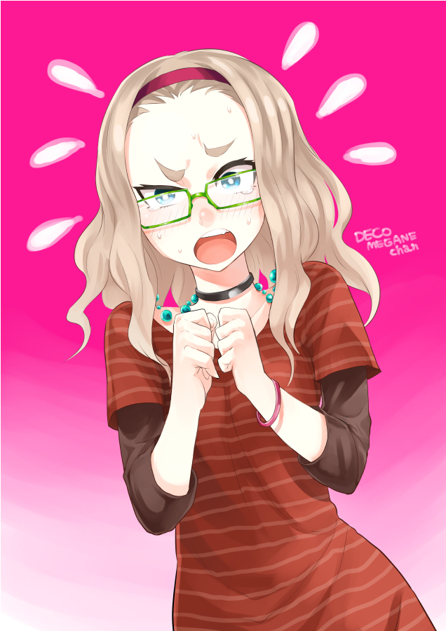blonde_hair, blush, choker, dekoglasses, eyebrows, forehead, glasses, green_eyes