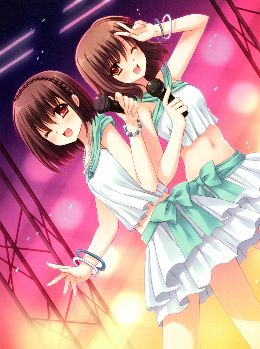 2girls, ;d, absurdres, bracelet, brown_eyes, brown_hair, dutch_angle, hata_sawako