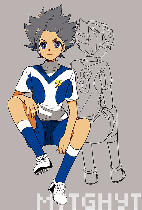 2boys, back-to-back, brown_hair, inazuma_eleven_(series), inazuma_eleven_go, inazuma_eleven_go_galaxy, lightning_bolt, male