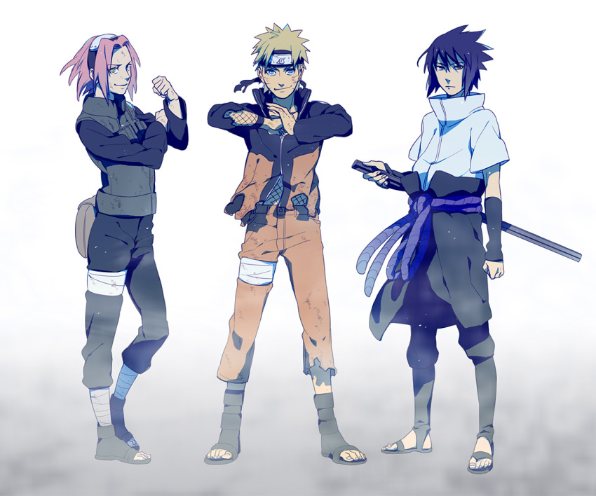 1girl, 2boys, blonde_hair, blue_eyes, blue_hair, green_eyes, haruno_sakura, i_(kaiyou)