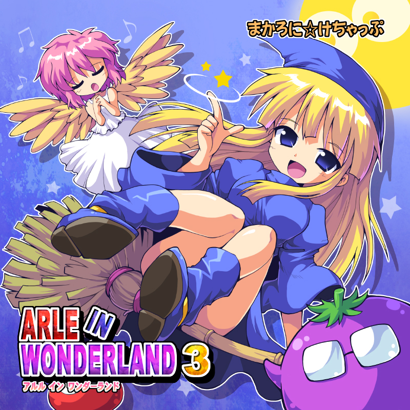 2girls, blonde_hair, blue_background, blue_dress, blue_eyes, broom, broom_riding, closed_eyes