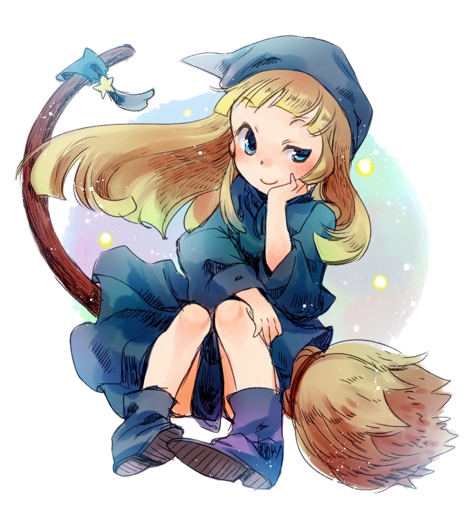 1girl, blonde_hair, blue_eyes, broom, broom_riding, chin_rest, dress, hat