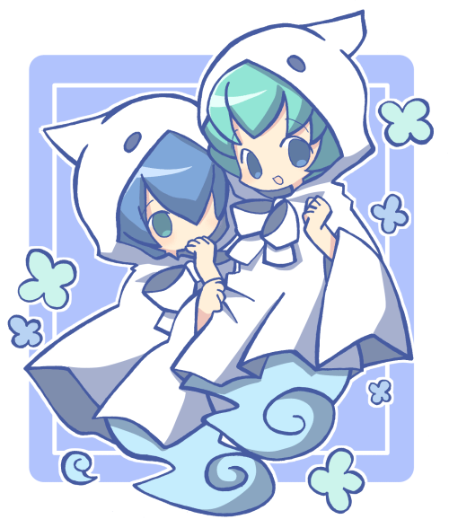 1boy, 1girl, blue_background, blue_eyes, blue_hair, ghost, green_eyes, green_hair