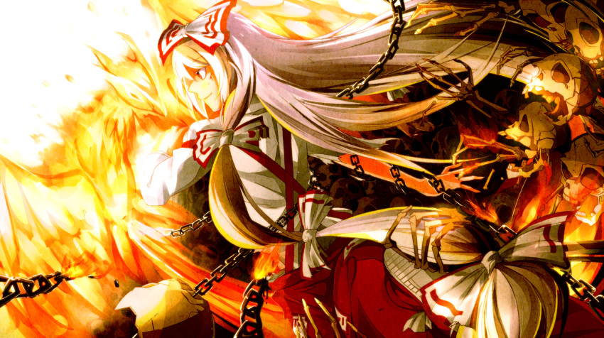 blood, bow, chain, fire, fujiwara_no_mokou, hair_bow, hair_ribbon, highres