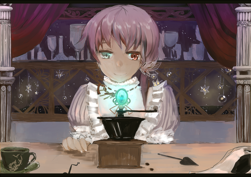 1girl, blue_eyes, clock_hand, column, cup, curtains, dress, hair_ornament, heterochromia, jewelry, letterboxed, magic, original, pillar, puffy_sleeves, purple_hair, red_eyes, sei_(chitei), short_hair, smile, solo, star, table, teacup