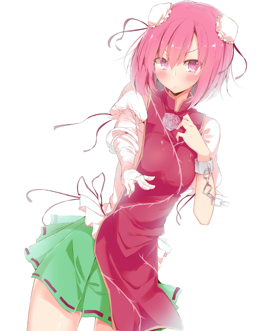 1girl, absurdres, bandages, blush, breasts, bun_cover, chain, chinese_clothes, cuffs, double_bun, flower, highres, ibaraki_kasen, kayano, pink_eyes, pink_hair, ribbon, rose, short_hair, skirt, solo, tabard, touhou, white_background