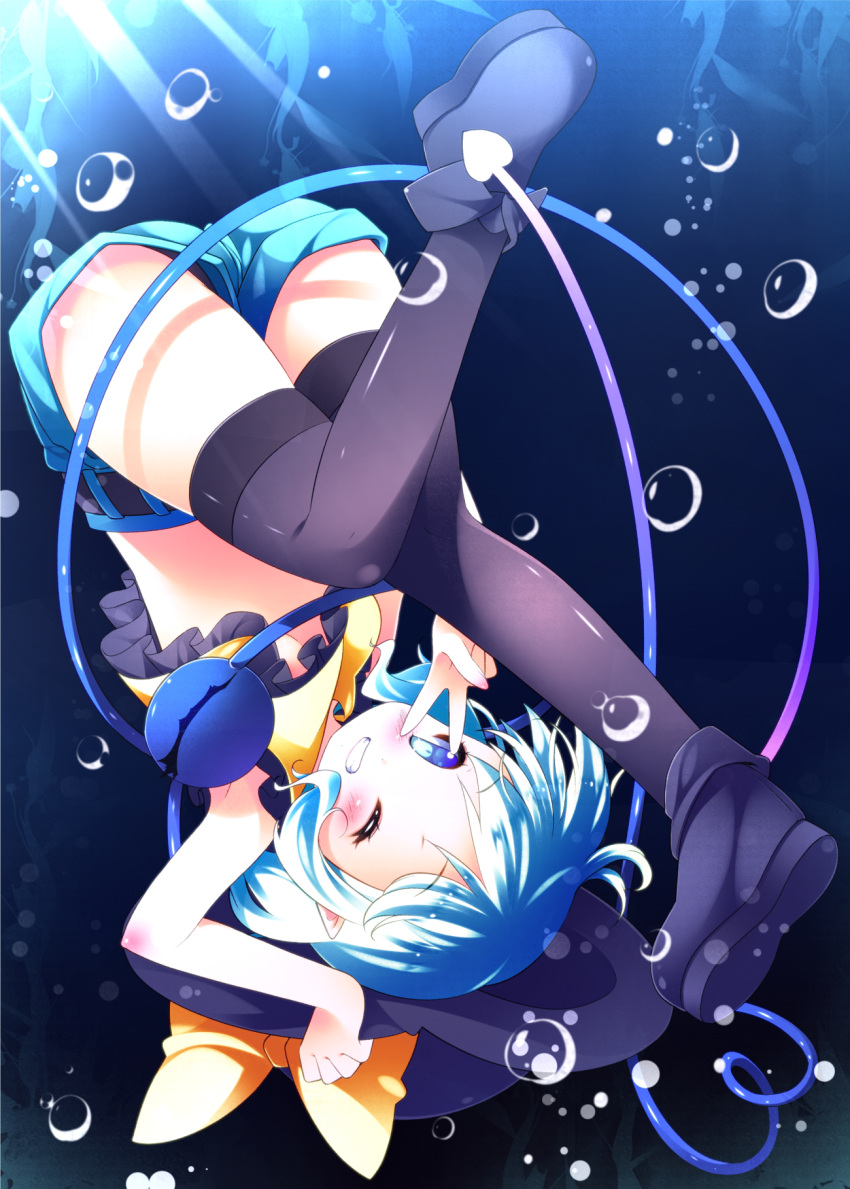 1girl, black_legwear, blue_eyes, hat, hat_ribbon, highres, komeiji_koishi, ribbon