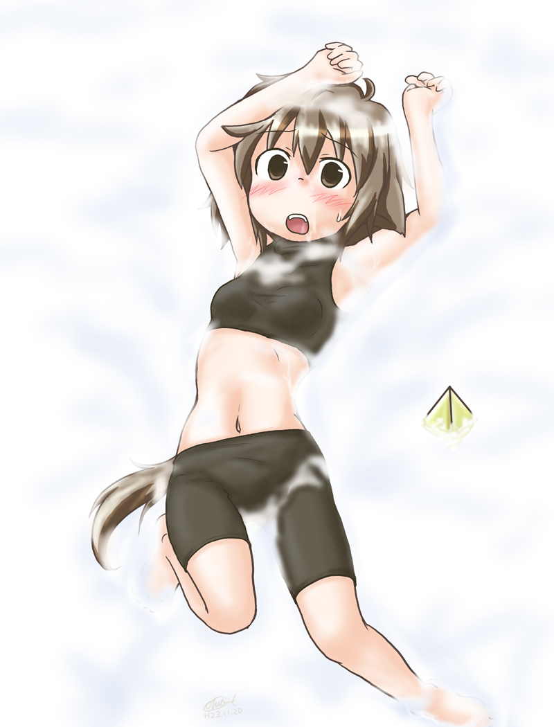 1girl, animal_ears, arms_up, barefoot, blush, brown_eyes, brown_hair, crop_top, dog_ears, dog_tail, kudryavka_(ray-kudryavka), lying, navel, nuko230, on_back, open_mouth, ray-kudryavka, short_hair, snow, solo, sweatdrop, tail, teeth