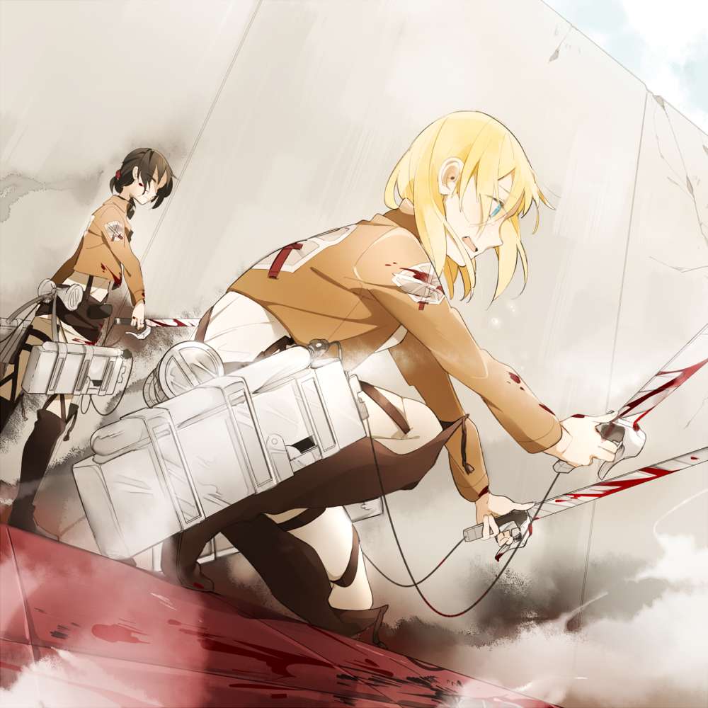 2girls, aikanm, black_hair, blade, blonde_hair, blood, christa_renz, kneeling, multiple_girls, shingeki_no_kyojin, side, wall, ymir_(shingeki_no_kyojin)