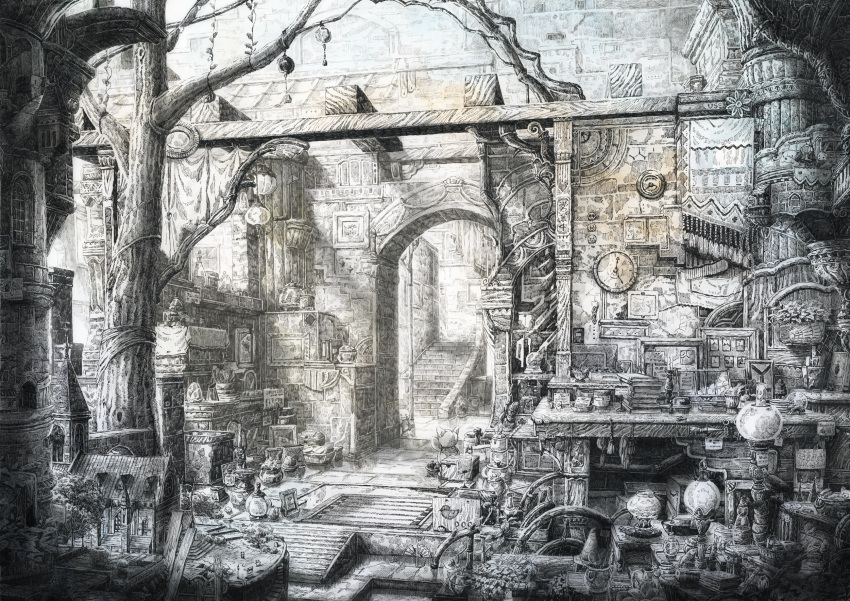 arch, clock, graphite_(medium), greyscale, highres, mitauzo, monochrome, nib_pen_(medium)