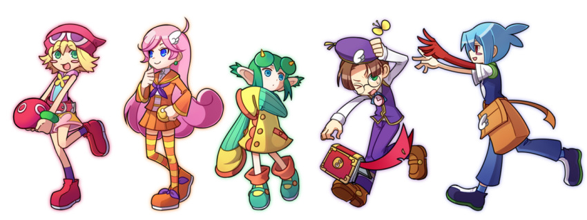 2boys, 3girls, amitie, amitie_(puyopuyo), bag, blonde_hair, blue_eyes, blue_hair